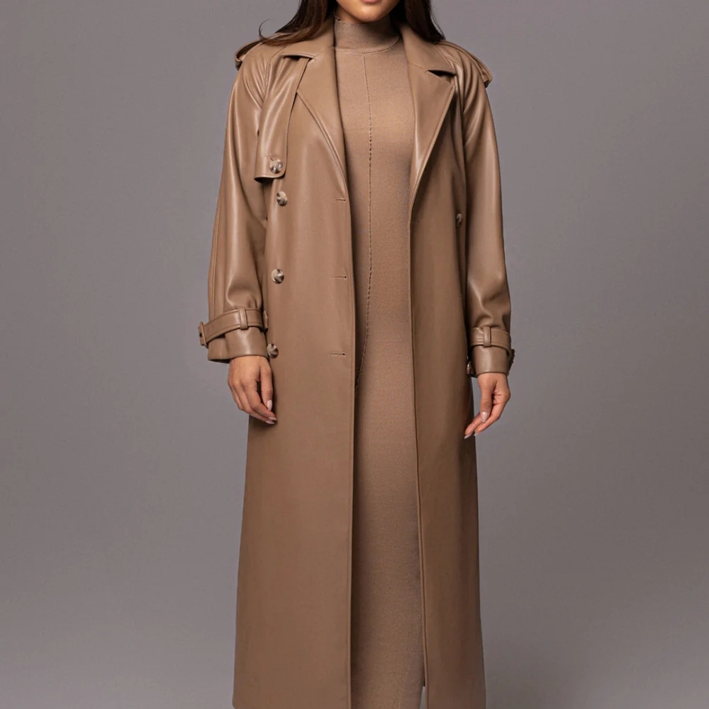 Tan Double-Breasted Trench Coat with Belt/ Faux Leather - Picture 7 of 8